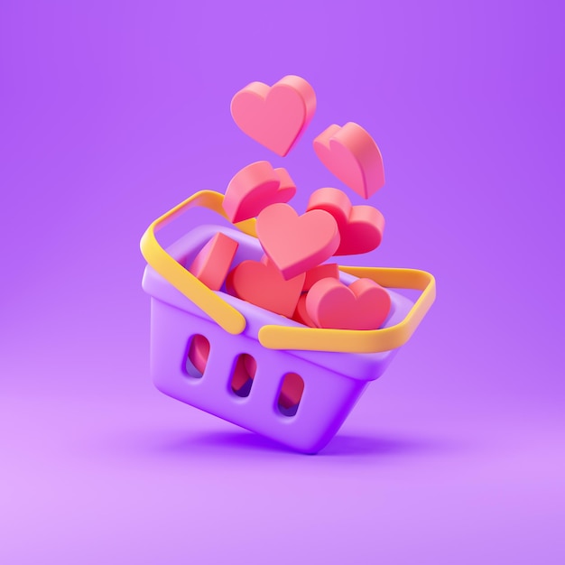 Shopping basket with like signs. Colorful 3d rendering illustration.