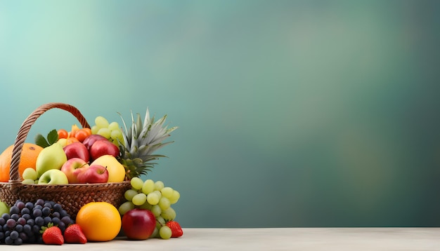 shopping basket with many kind of fruits on table Banner design copy space background