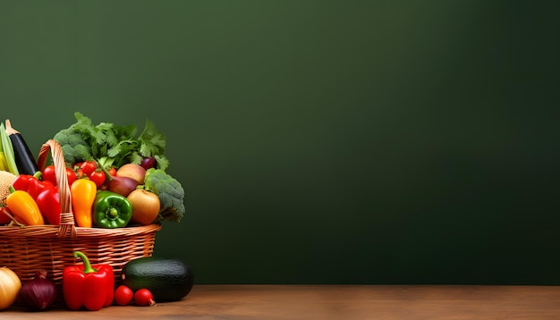 テーブルの上に多くの種類の野菜が入った買い物かごバナーデザインコピースペースの背景