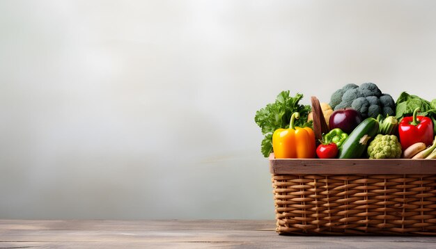 テーブルの上に多くの種類の野菜が入った買い物かごバナーデザインコピースペースの背景