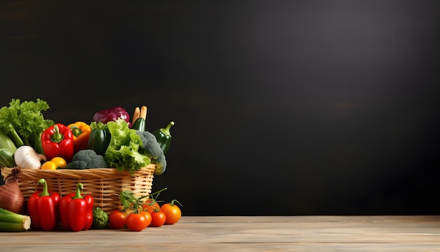 shopping basket with many kind of vegetables on table Banner design copy space background