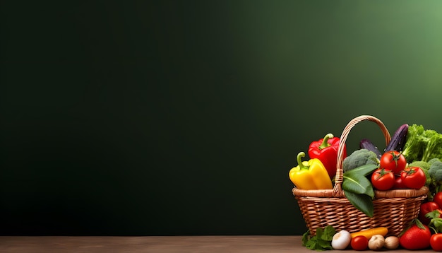 shopping basket with many kind of vegetables on table Banner design copy space background