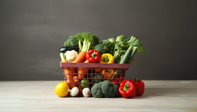 테이블 배너 디자인에 다양한 종류의 야채가 있는 쇼핑 바구니