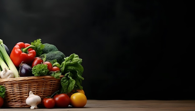 Shopping basket with many kind of vegetables in table copy space background