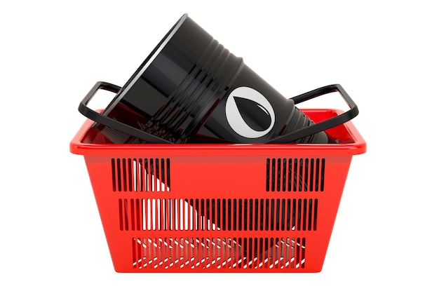 Shopping basket with oil barrel 3D rendering