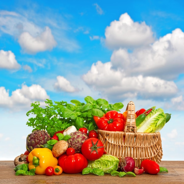 shopping basket with organic food ingredients