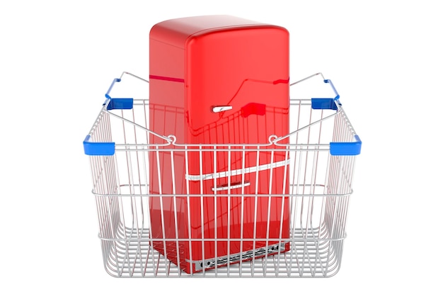 Shopping basket with retro fridge 3D rendering