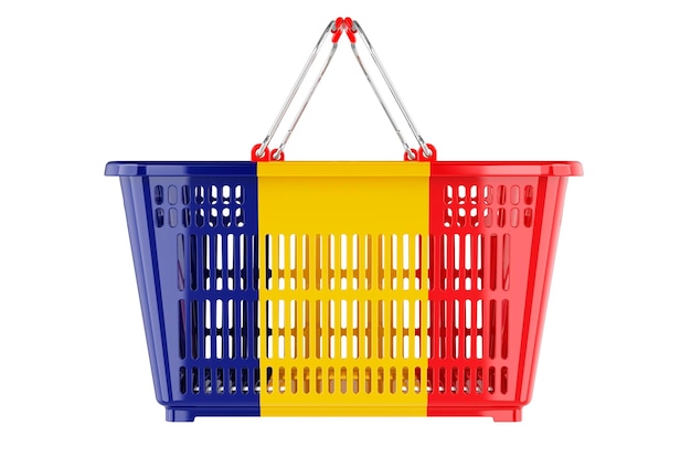 Shopping basket with Romanian flag market basket or purchasing power concept 3D rendering isolated on white background