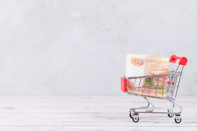 Shopping basket with Russian ruble notes, 5000 rubles in a cart