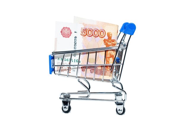 Shopping basket with Russian ruble notes, 