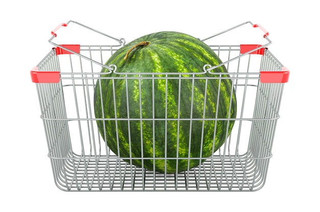 Shopping basket with watermelon 3D rendering
