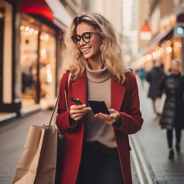 Shopping Black Friday Technology Vrouw met boodschappenzakken gebruikt een smartphone en glimlacht