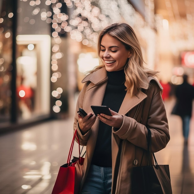 Shopping Black Friday Technology Woman with shopping bags is using a smartphone and smiling