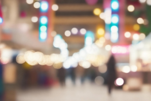 Photo shopping in a bokeh background of shopping center with lights blurry image