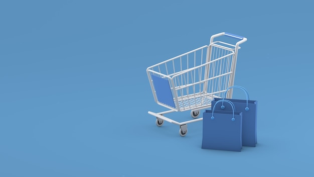 青い背景のショッピングカートとバッグ3Dレンダリング3Dレンダリング3Dイラスト