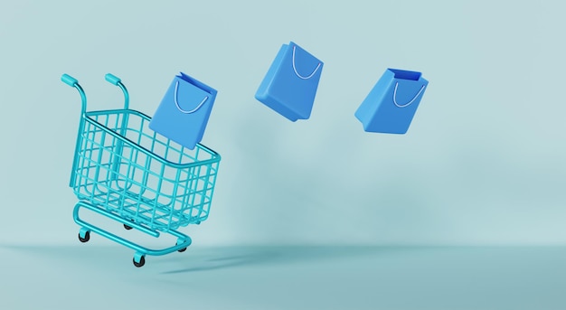 shopping cart and bags on pastel color background