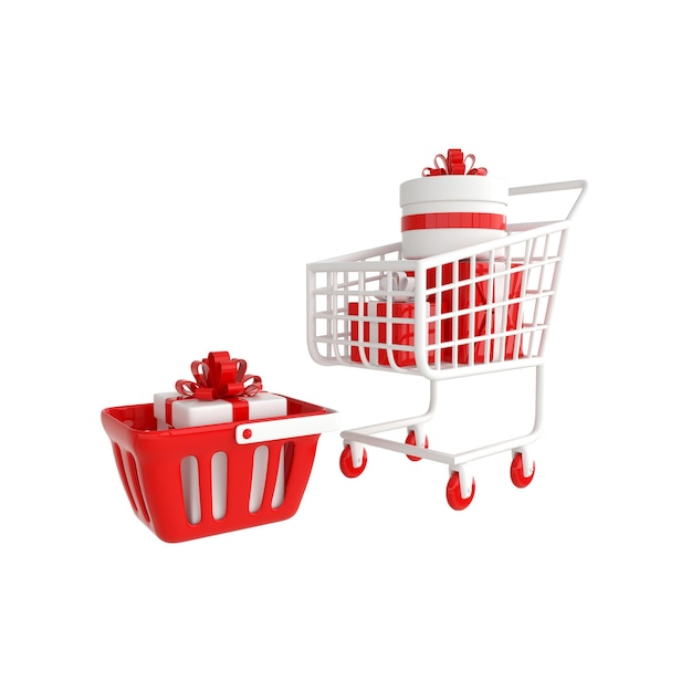 Shopping cart and basket with present box shopping concept 3d rendering isolated on white background