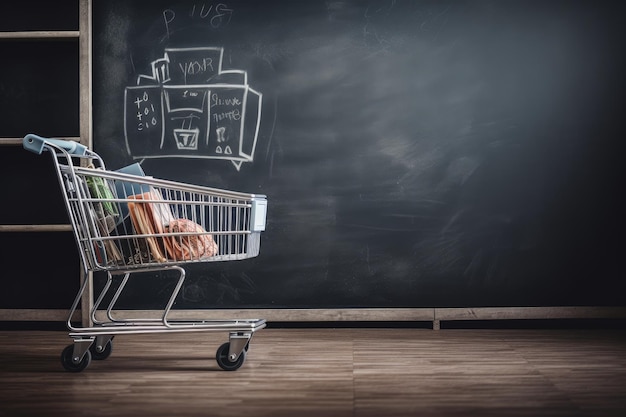 Shopping cart blackboard in background shopping concept digital illustration Generative AI