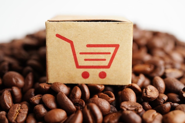 Shopping cart box on coffee beans shopping online for export or import