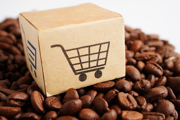 Shopping cart box on coffee beans shopping online for export or import