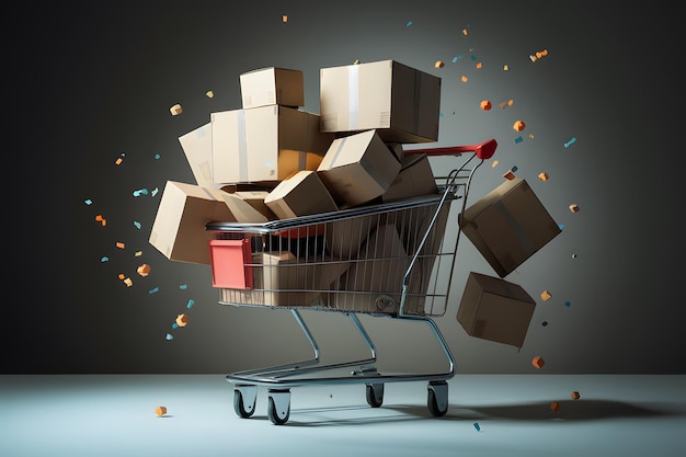 Shopping cart brimming with cardboard boxes creates dynamic background in AI