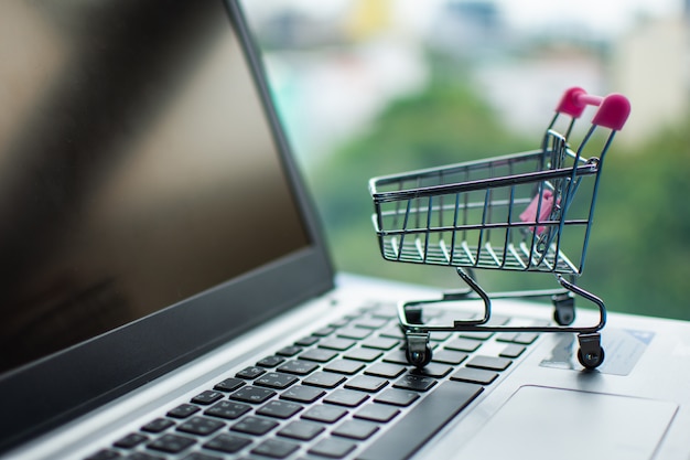 Shopping cart on computer, shopping online concept. 