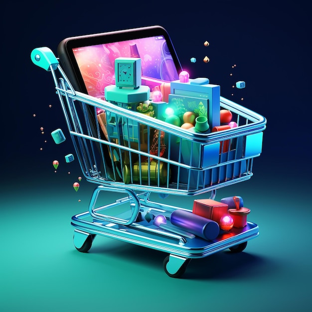 A shopping cart containing gifts dark background