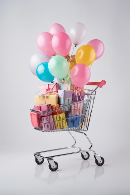 Коляска для покупок, наполненная воздушными шарами и подарками.