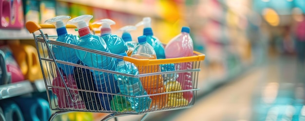 Shopping Cart Filled With Bottles of Cleaning Products