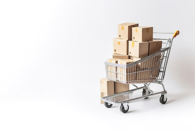 a shopping cart filled with boxes on top and around isolated on white background with copy space