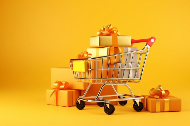 A shopping cart filled with colorful gift boxes on a yellow background generative ai