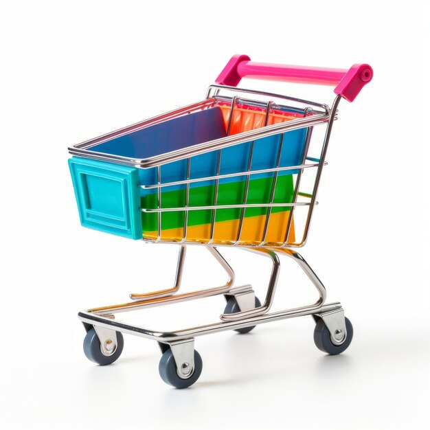 A shopping cart filled with colorful plastic containers