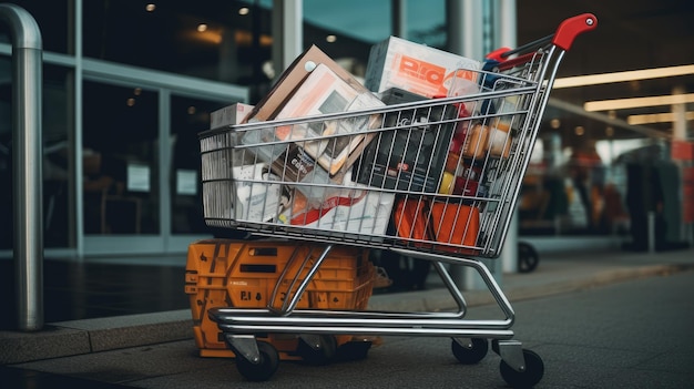 A shopping cart filled with discounted items during a Black Friday sale