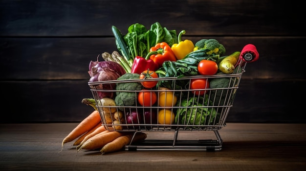 A shopping cart filled with fresh produce showcasing a typical grocery run AI generated