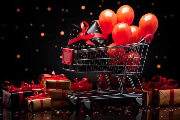 Shopping cart filled with gift boxes with red ribbons and bows on a black background and balloons The concept of discounts and sales black Friday