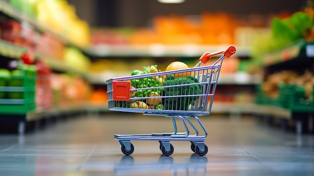 Foto carrello della spesa pieno di generi alimentari al mercato