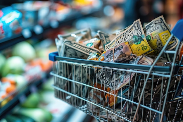 Shopping Cart Filled With Money in a Grocery Store Grocery cart overflowing with money to illustrate inflation in the cost of living AI Generated