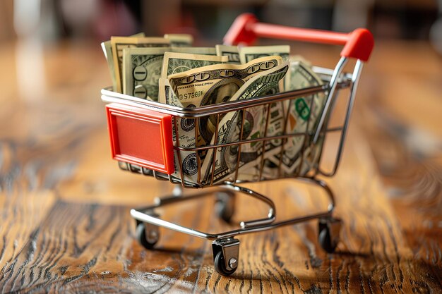 Photo a shopping cart filled with money sitting on top of a wooden table