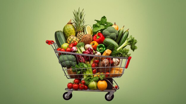 Photo shopping cart filled with a variety of fruits and vegetables