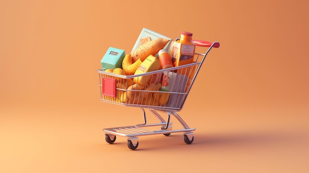 A shopping cart filled with various snacks