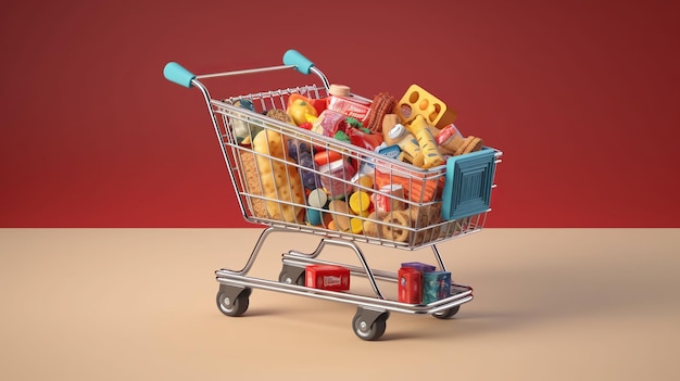 A shopping cart filled with various snacks