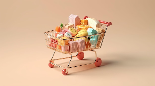 A shopping cart filled with various snacks