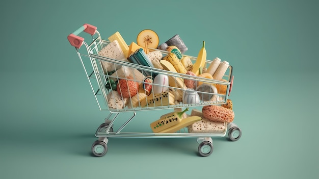 A shopping cart filled with various snacks