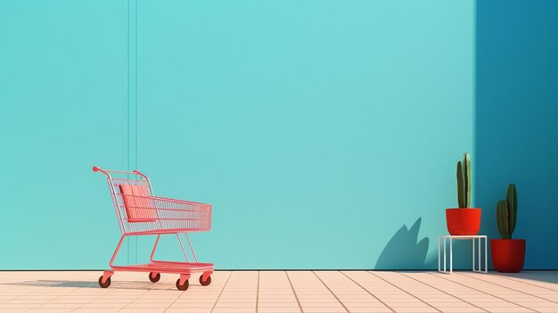 Shopping cart in front of blue wall 3D rendering