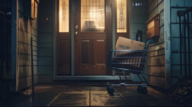 Photo shopping cart in the front of the door from a house