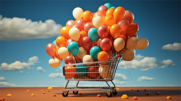 Shopping cart full of balloons in the desert 3D rendering