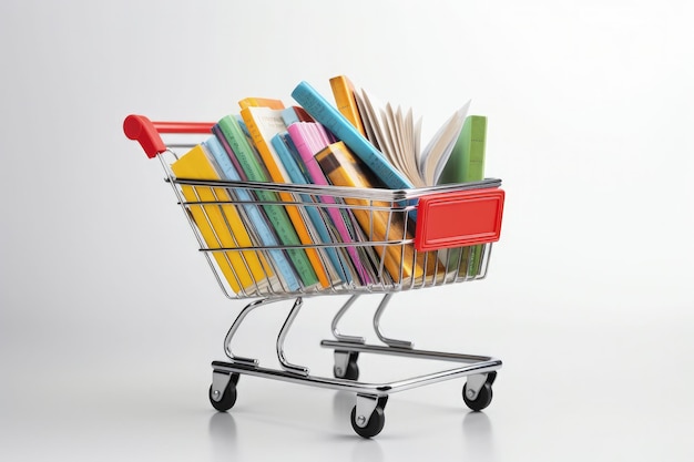 Shopping cart full of books white background digital illustration Generative AI