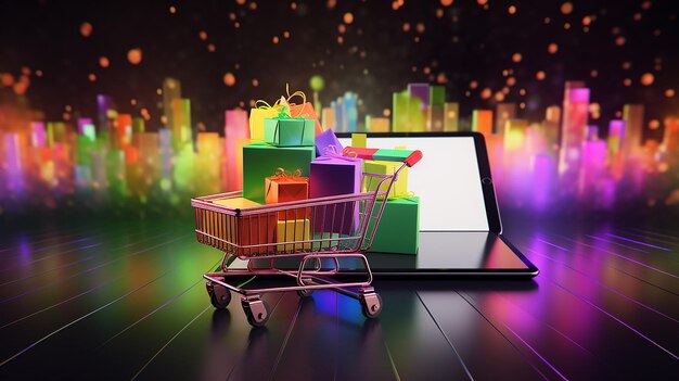 Shopping cart full of boxes on mobile phone and table 3D