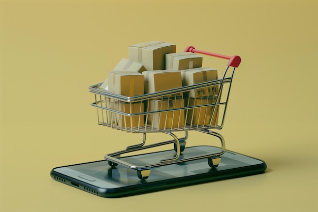 a shopping cart full of boxes stands on a mobile phone 6