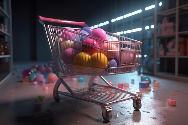 A shopping cart full of colorful balls sits in a dark room.